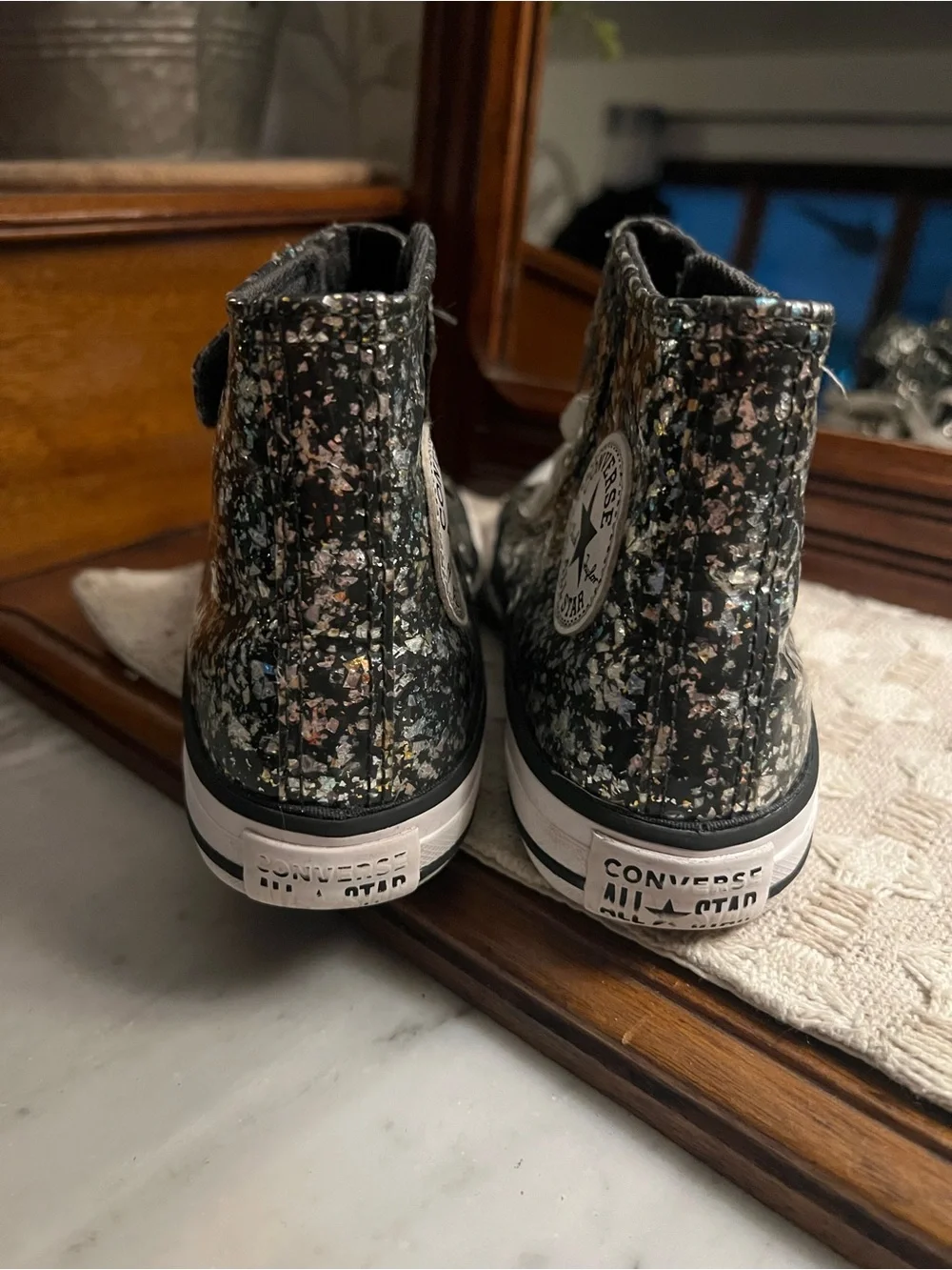 CONVERSE All Star High Top Casual Sneakers Coated Glitter Black Silver Girl's 13